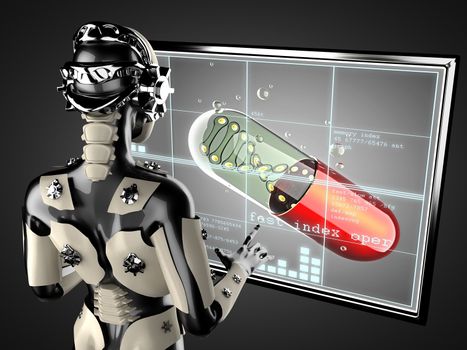 cyborg woman manipulating hologram displey