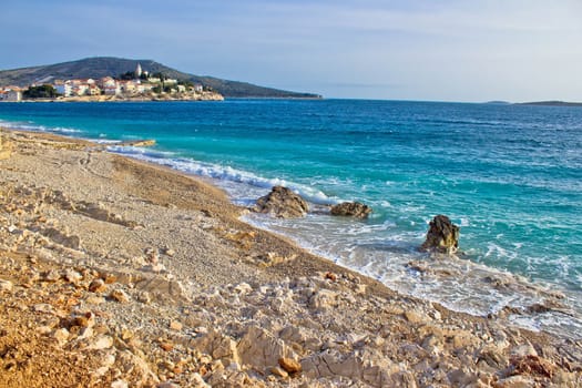 Idyllic beach and Town of Primosten in Dalmatia, Croatia