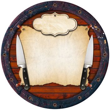 Wooden background (Bottom of a barrel) with two kitchen knives, empty parchment and label. Background for a rustic menu