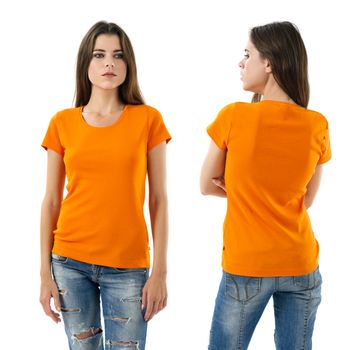 Photo of a young beautiful sexy woman with blank orange shirt, front and back. Ready for your design or artwork.