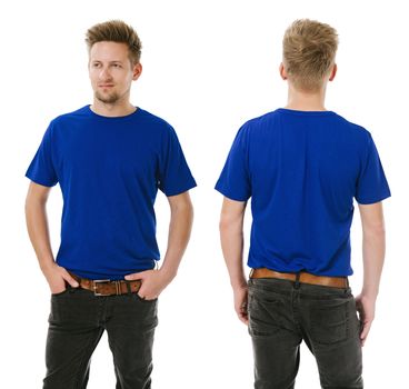 Photo of a man wearing blank blue t-shirt, front and back, tucked into his jeans. Ready for your design or artwork.