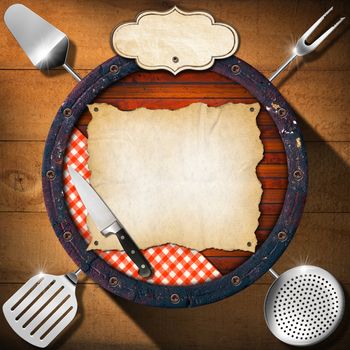 Wooden background (Bottom of a barrel) with kitchen utensils, table cloth, empty parchment and label. Background for a rustic menu
