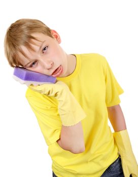 Tired Kid with Bath Sponge and Rubber Gloves Isolated On The White Background