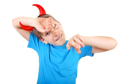 Sly Kid with Devil Horns on the Head Isolated on the White Background