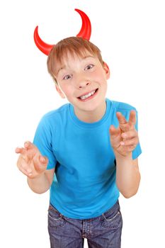 Sly Kid with Devil Horns on the Head Isolated on the White Background