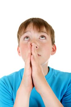 Focus on the Hands. Kid praying Isolated on the White Background