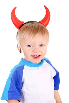 Baby Boy with Devil Horns on the Head Isolated on the White Background