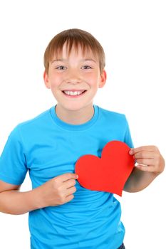 Cheerful Kid with Red Heart Shape Isolated on the White Background