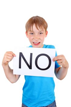 Kid hold a sheet with slogan NO Isolated on the White Background