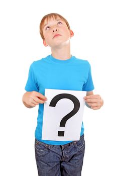 Kid holding a Paper with Question Mark and thinking on the White Background