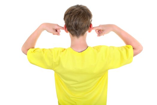 Rear view of a Kid with cover Ears Isolated on the White Background