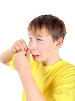 Kid with Pimple Isolated on the White Background