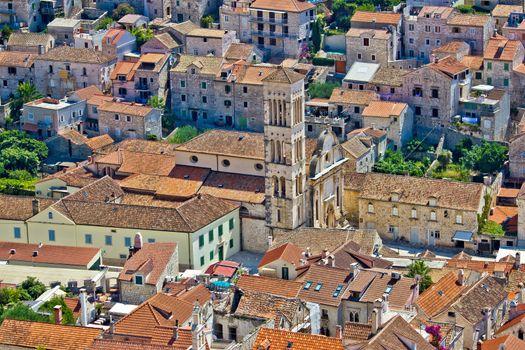 Historic town of Hvar aerial view od Pjaca old city core, Dalmatia, croatia