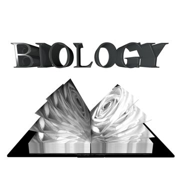 Biology word over an open book with image of a rose, 3d render (original image of rose is mine)
