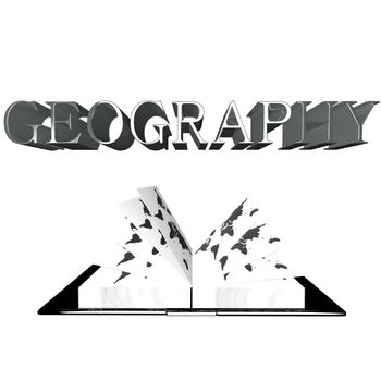 Geography word over an open book with map of world, 3d render