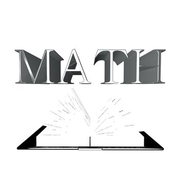Math word over an open book with numbers and formulas, 3d render