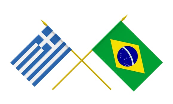 Flags of Brazil and Greece, 3d render, isolated