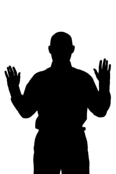 Silhouette of man with arms raised, isolated on white background.