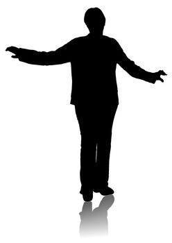Silhouette of a woman with arms outstretched isolated on white background.
