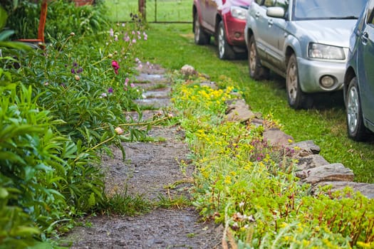 Cars the parking in the garden. Along the walkway planted with flowers.