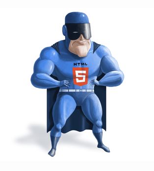 Man in blue superhero suit with HTML5 logo.  Symbolizes that HTML5 is strong and will be the future of web development.