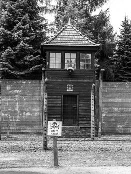 Guard tower in concentration camp Oswiecim (Auschwitz)