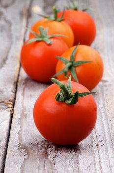 Fresh Ripe Red Cherry Tomatoes with Twigs In a Row on Rustic Wooden background. Focus on Foreground
