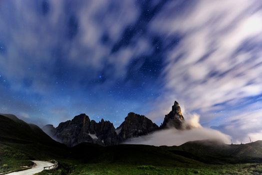 Dolomites, Pale di San Martino night landscape in summer season