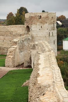 old fortress wall Pskov  Russia autumn