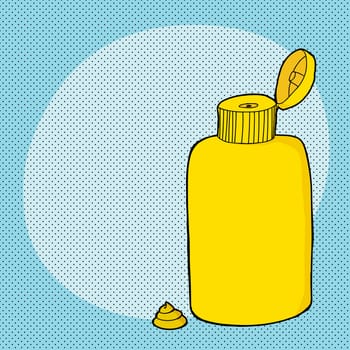 Open bottle of mustard over blue halftone background