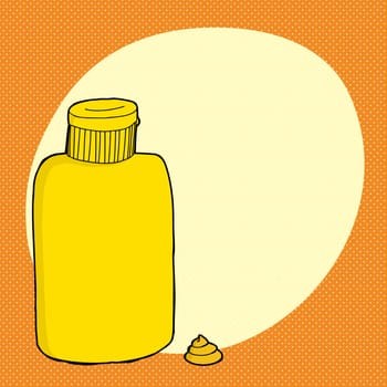 Single closed mustard container over orange halftone