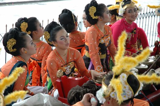 Bandung, Indonesia - March 9, 2008: Dancer member that gather together and make preparation before get performing on stage at Tegalega Park Bandung, West Java-Indonesia.