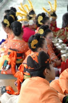 Bandung, Indonesia - March 9, 2008: Dancer member and musical crew gather together and make preparation before get performing on stage at Tegalega Park Bandung, West Java-Indonesia.