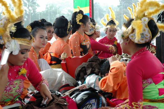 Bandung, Indonesia - March 9, 2008: Dancer member that gather together and make preparation before get performing on stage at Tegalega Park Bandung, West Java-Indonesia.