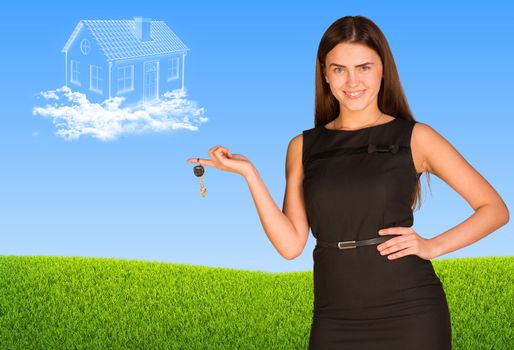 Bright picture of pretty business  lady holding keys and clouds in form of house