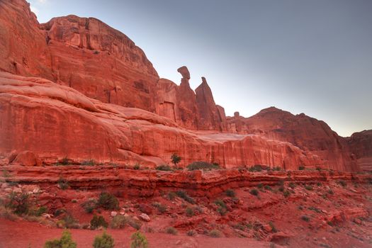 Queen Nefertiti Rock Canyon Park Avenue Section Arches National Park Moab Utah USA Southwest. Classic sandstone hoodoo and famous landmark in Arches National Park.