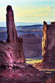  Rock Pillar Park Avenue Section Arches National Park Moab Utah USA Southwest. Classic sandstone hoodoo and famous landmark in Arches National Park.