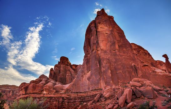 Rock Tower Queen Nefertiti Stone Pillar Park Avenue Section Arches National Park Moab Utah USA Southwest. Classic sandstone hoodoo and famous landmark in Arches National Park.