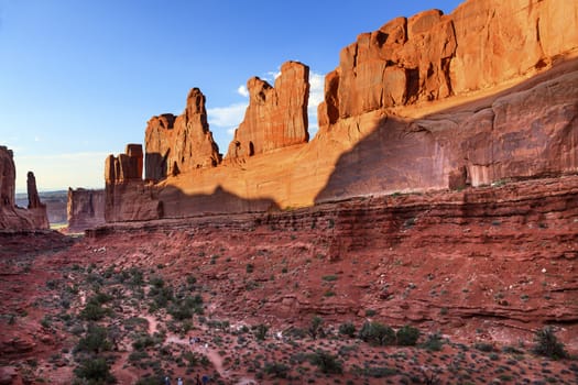  Park Avenue Section Arches National Park Moab Utah USA Southwest. Classic sandstone walls, hoodoos and famous landmark in Arches National Park.