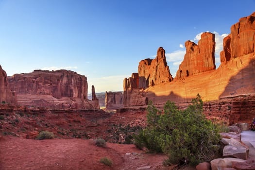  Park Avenue Section Arches National Park Moab Utah USA Southwest. Classic sandstone walls, hoodoos and famous landmark in Arches National Park.