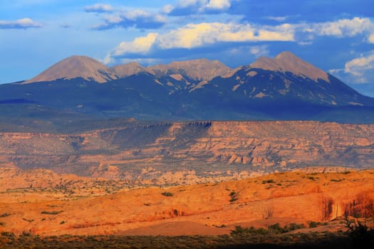 La Salle Mountains Yellow Rock Canyon Arches National Park Moab Utah USA Southwest. 