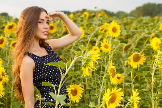 Cute girl in the field full of sunflowers