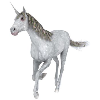 3D digital render of a beautiful white fantasy unicorn isolated on white background
