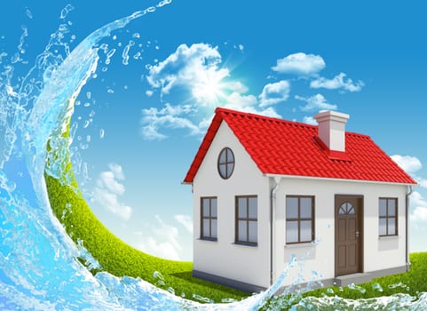 House, green meadow and water splash on blue sky background