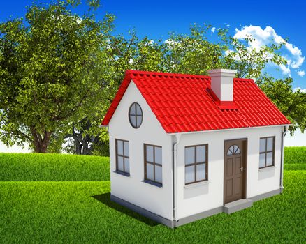 House, green field and forest on a background of the blue sky