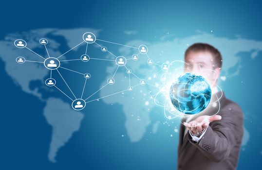 Business man hold Earth in hand. World map with contact icons. Elements of this image are furnished by NASA