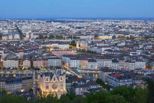 View of Lyon city from Fourviere at night, France 