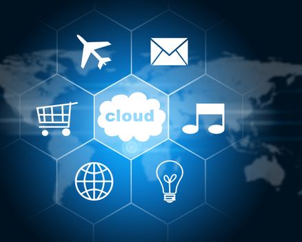 Cloud with icons. Technology concept. World map as backdrop