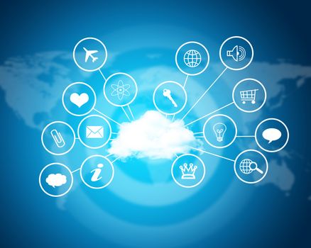 Cloud with computer icons. Technology concept. World map as backdrop