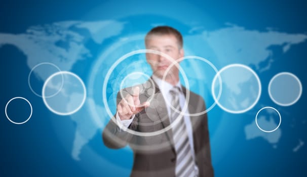 Businessman in suit pointing her finger at the empty circle frame. World map as backdrop